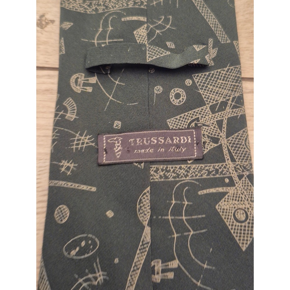 Trussardi Mens Silk Tie Geometric Abstract Print Green Tan Made in Italy VTG - Picture 6 of 9